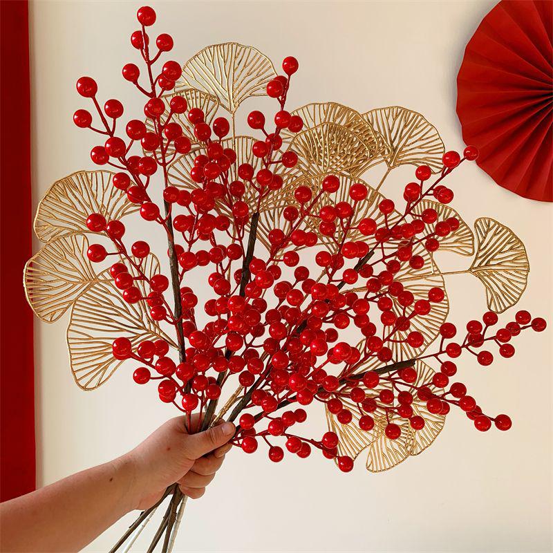 Winterberry Red Berries Artificial Flower Arrangement - New Year Housewarming Decoration for Living Room Ornaments
