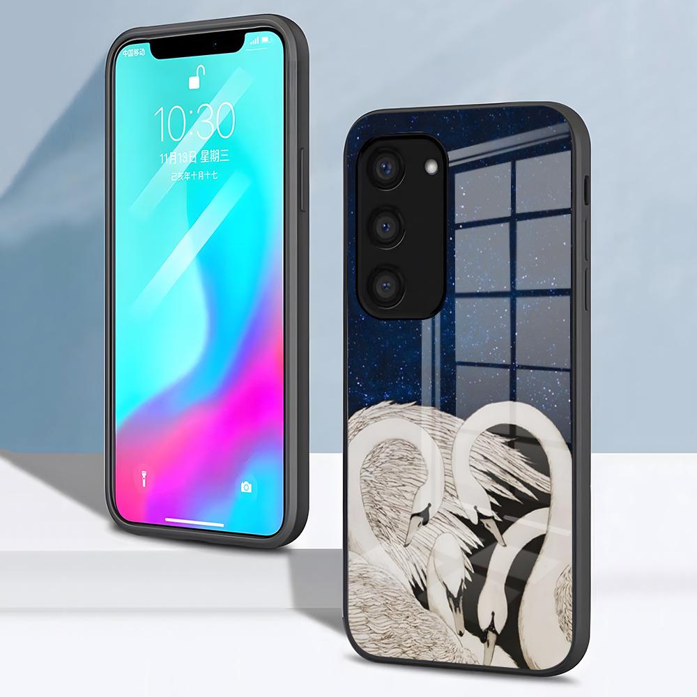 

White Swan Illustration Phone Case For Samsung S26 S25 S24 FE S23 S22 S21 Plus S20 Ultra Note20Ultra Black Glass Cover Galaxy S22 5G