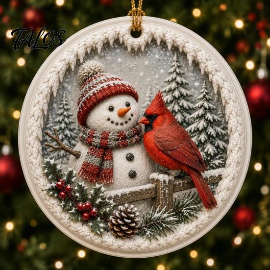 Charming Holiday Tree Accents 2 Pcs Red Bird Christmas Ornaments, 2D Round Acrylic Snowy Scene Classic Keepsake Ornaments Xmas Hanging Decoration for
