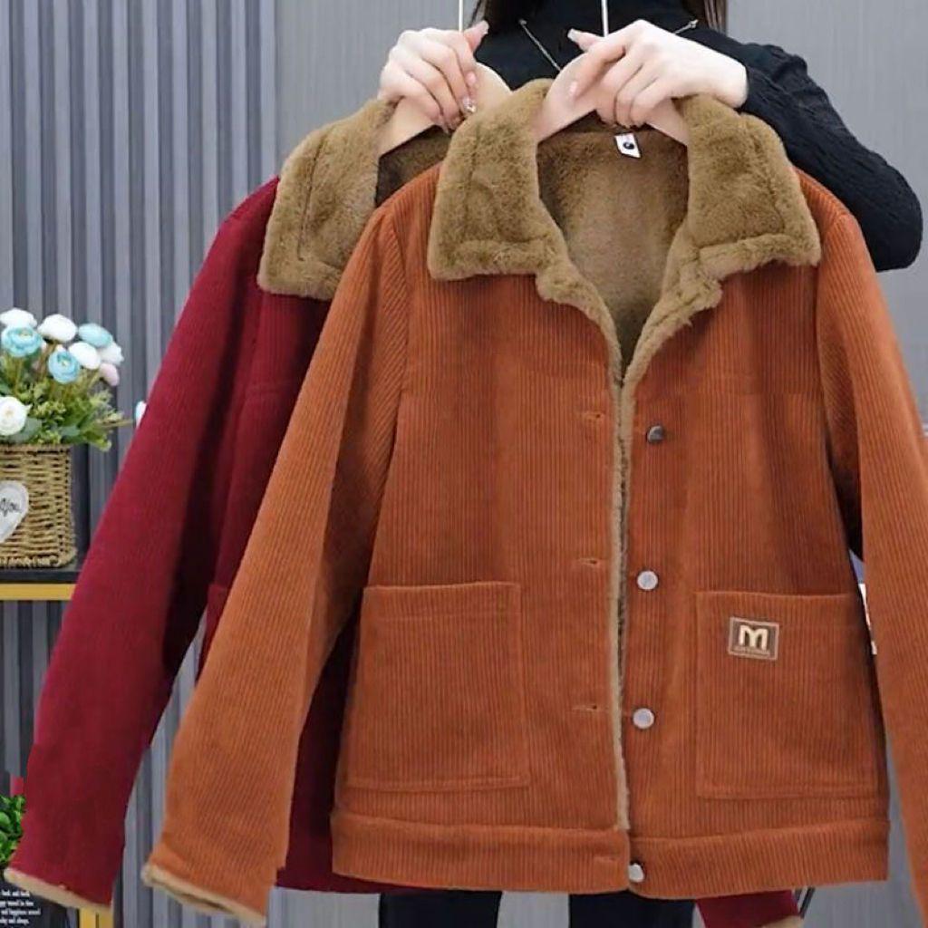 Women's Thickened Corduroy Jacket with Fleece Lining - Warm, Fashionable, Age-Reducing, Loose Fit, Slimming Long Sleeve Outerwear