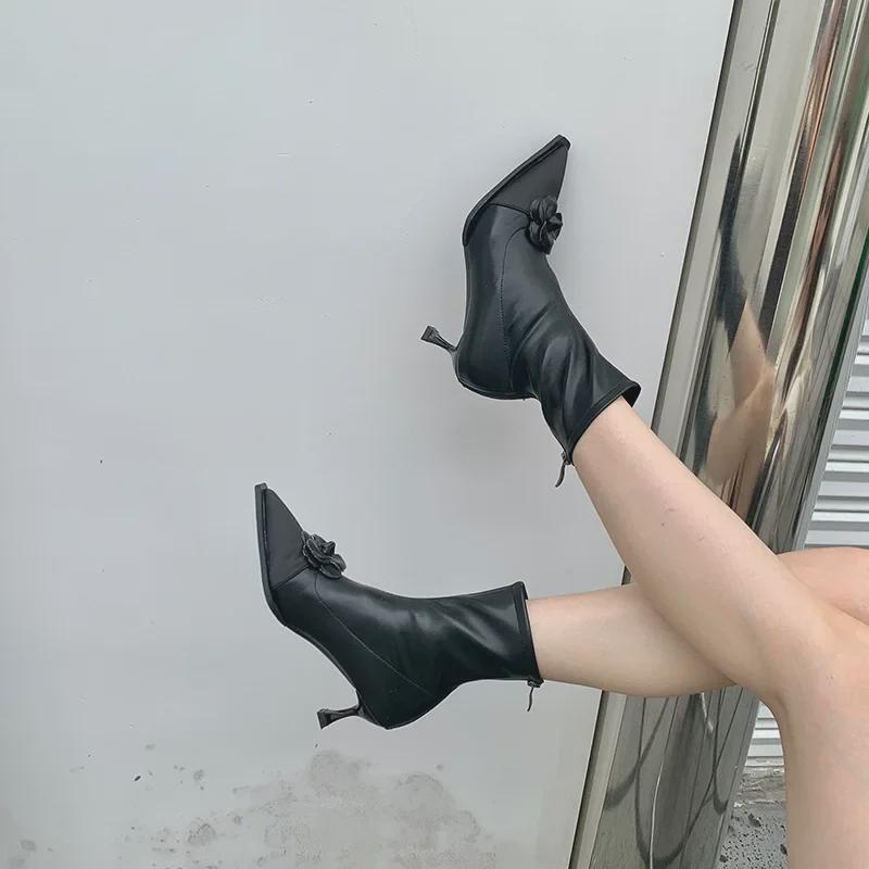 2024 Autumn/Winter French Floral Stiletto Ankle Boots - Women's Pointed Toe Elastic High Heel