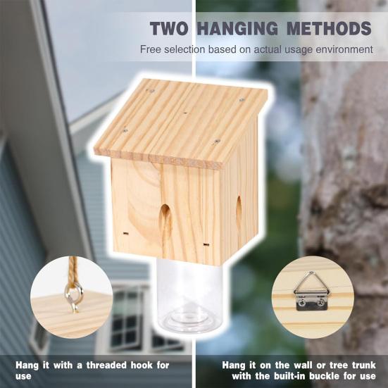 Carpenter Bee Trap Outdoor Hanging Bee Catcher Trap Kit Wooden Insect Trapping Box with Plastic Jar for Swarm Control
