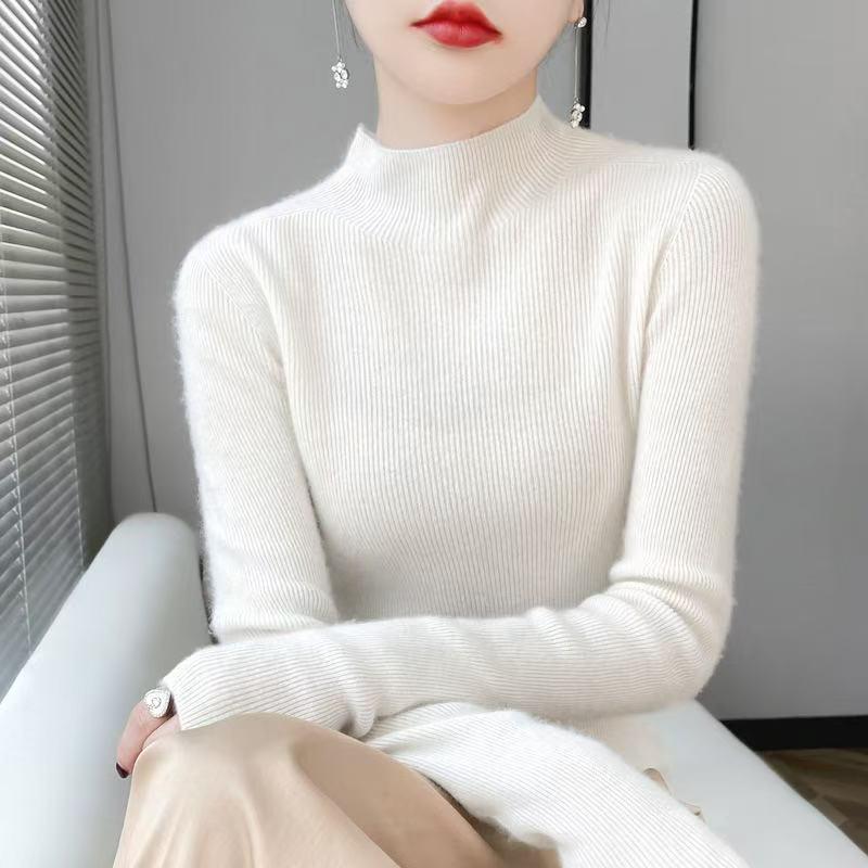 Women’s 2025 Autumn/Winter Pure Wool Sweater, Half-High Neck, Ribbed, Slim-Fit, Figure-Flattering with Cashmere Inner Layer