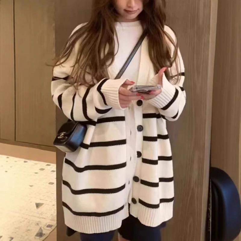 V-neck striped knitted cardigan top women's autumn and winter versatile lazy style soft waxy loose sweater jacket