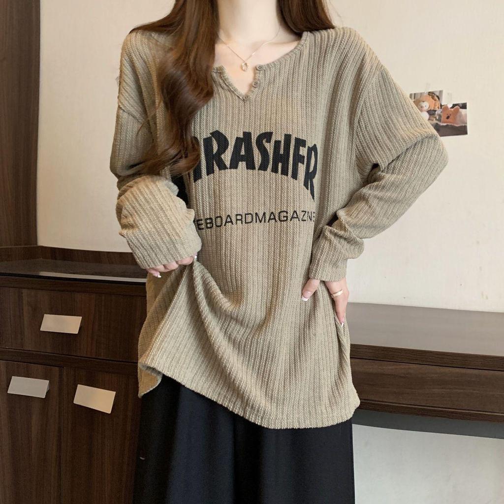 Women's Ribbed Long-Sleeve Base Layer T-Shirt: New Spring/Autumn/Winter Style, Loose Fit, Slimming, Plus Size, Mid-Length