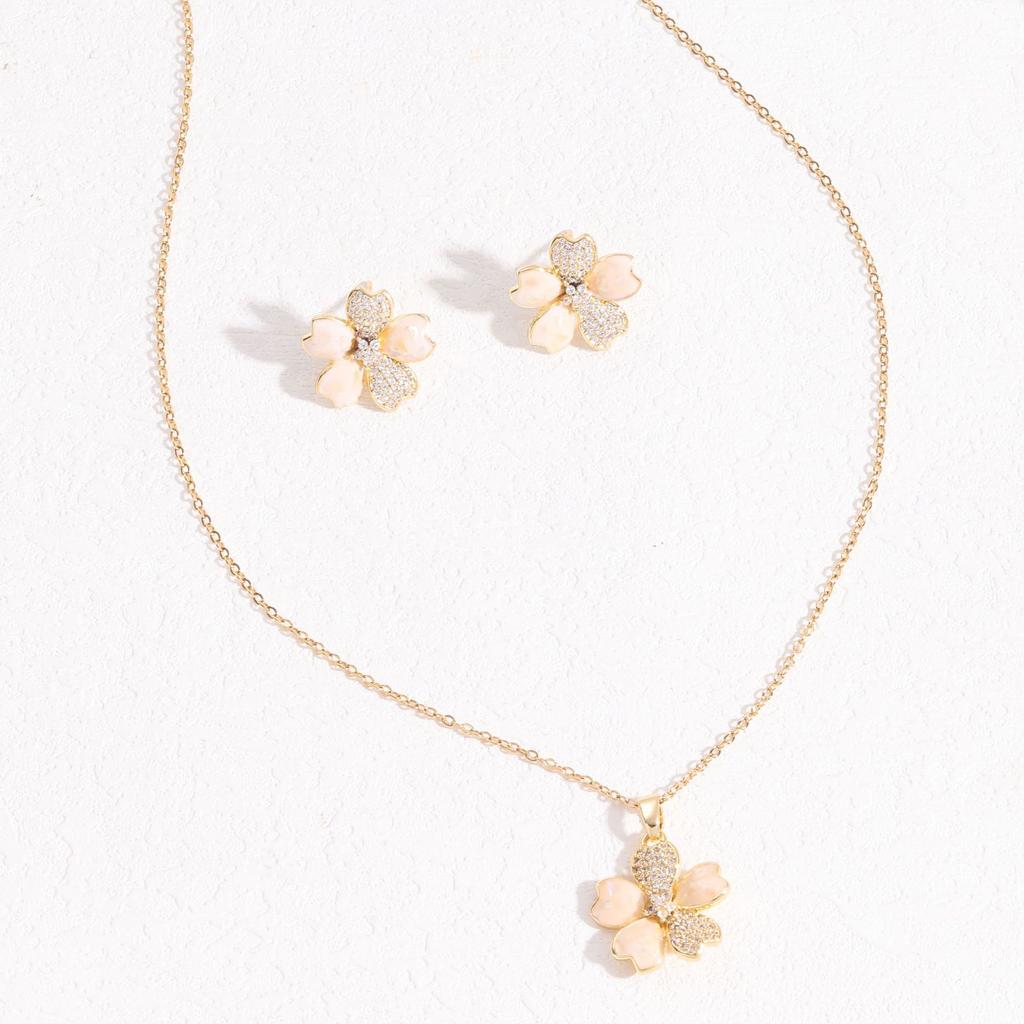 Five-Petaled Flower Necklace Female Fresh And Sweet Versatile Collarbone Chain Opal Set