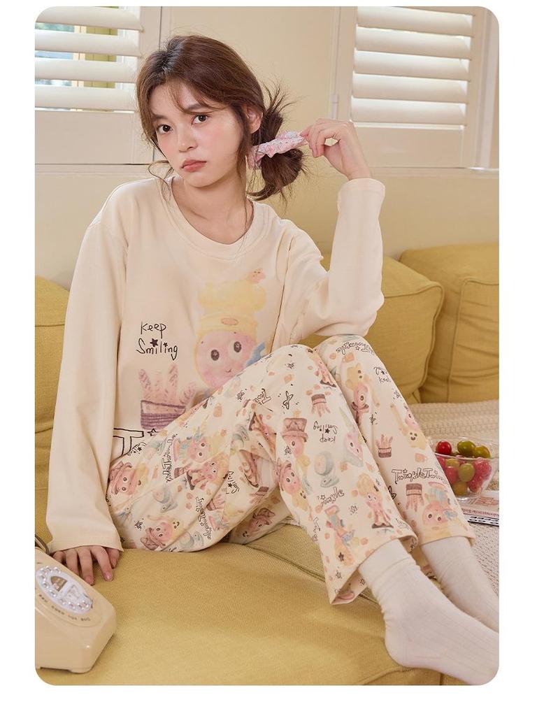 Women's Cartoon Pajama Set with Chest Pads - Long Sleeve & Pants for Spring & Autumn, Wear Indoors or Out
