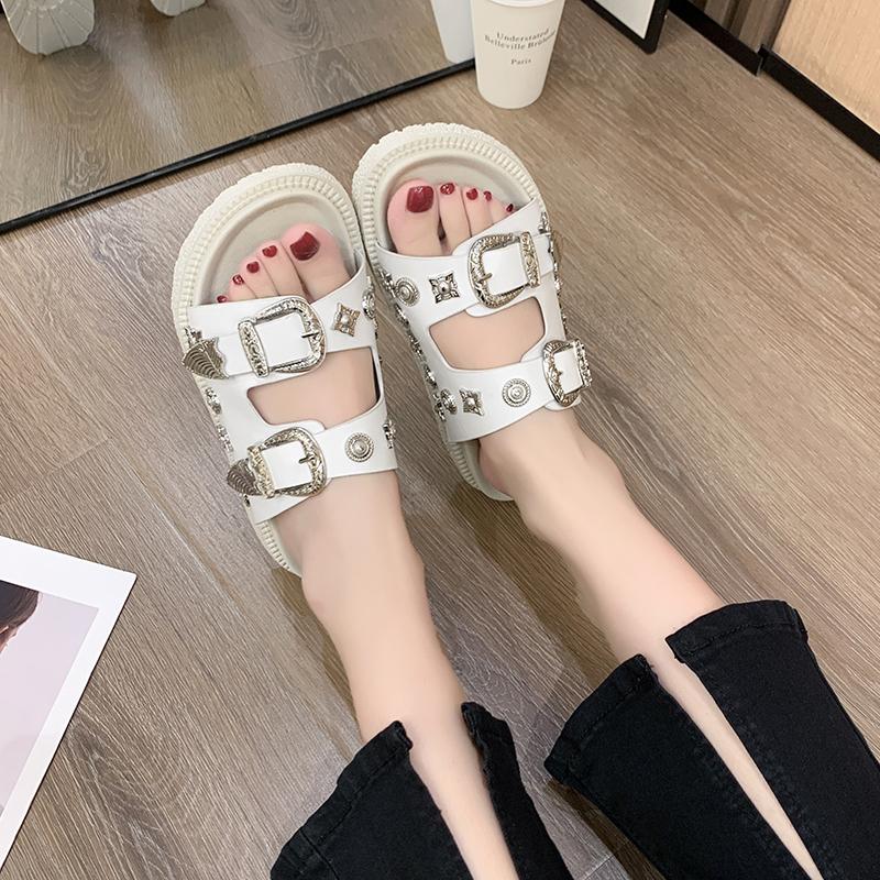 Fashion Thick Flat Sandals Summer New Round Head Set Foot Rivets Metal Buckle Waterproof Table Anti-slip Wear-resistant Slippers