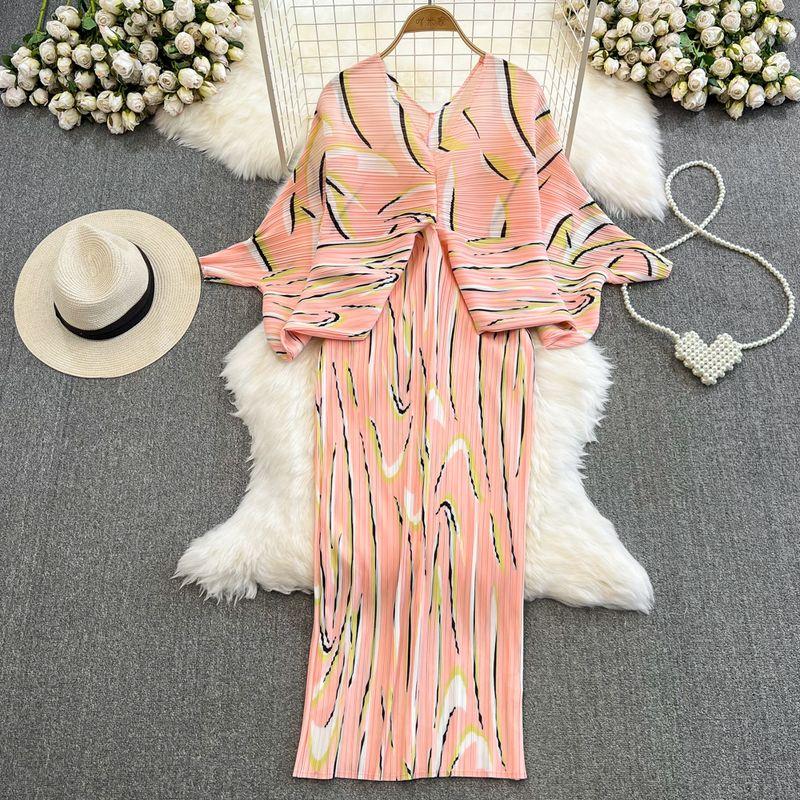 

Accessible Luxury Bat Sleeve V Neck Positioning Print Dress Pink All yards