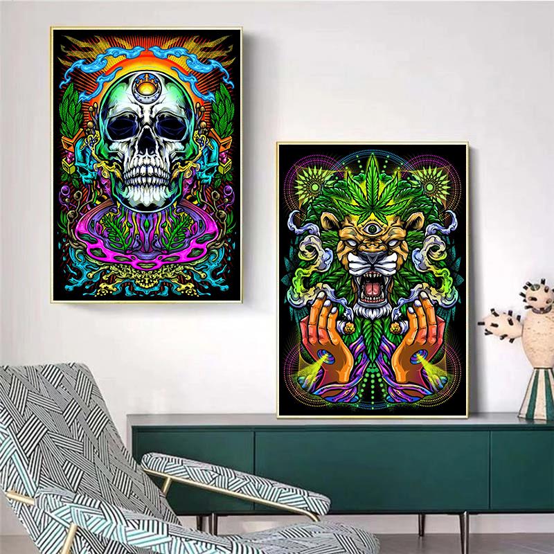 Psychedelic Skull Mushroom Lion Poster Print Canvas Painting Abstract Wall Art Picture For Living Room Home Decor Cuadros
