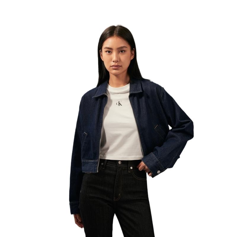 Calvin Klein Minimalist Zipper Collar Comfortable Soft Short Denim Jacket Women jackets Dark-Blue J224382