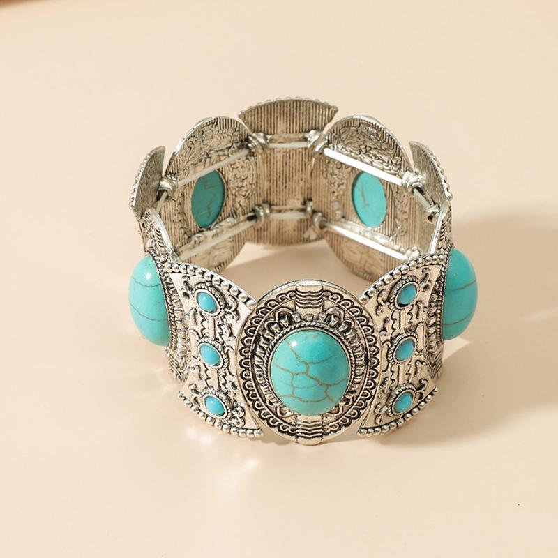 Vintage Boho Imitation Turquoises Elastic Bracelets Bangles for Women Ethnic Carved Silver Color Metal Bracelet Vacation Jewelry