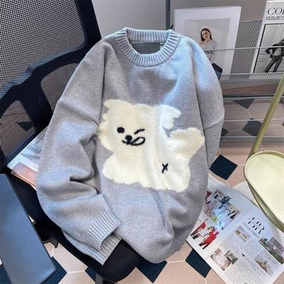 Little Dog Jacquard Women's Sweater Round Neck Long Sleeved Knitted Sweaters Korean Style Cute Loose Casual Woman Pullover Top