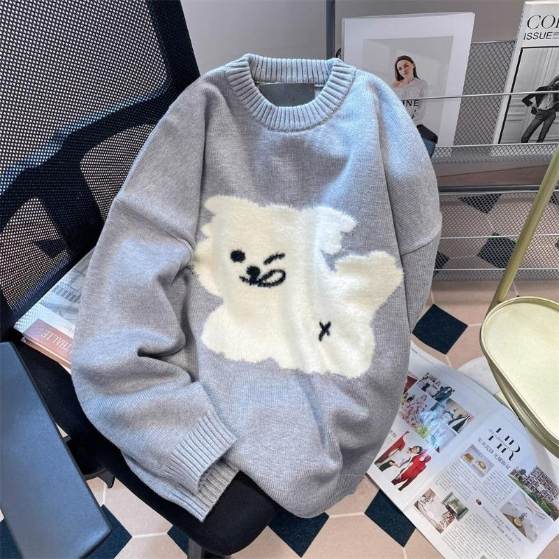 

Little Dog Jacquard Women s Sweater Round Neck Long Sleeved Knitted Sweaters Korean Style Cute Loose Casual Woman Pullover Top Onesize серый