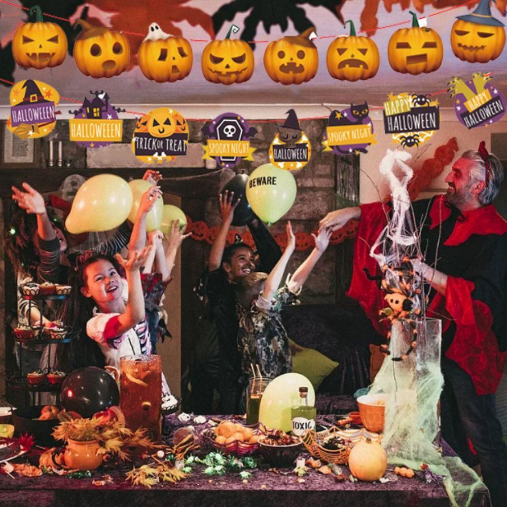 Decorative Happy Halloween Paper Banner Paper Hanging Halloween Triangle Pulling Flag Pumpkin/Ghost/Witch/Letter 3.5M