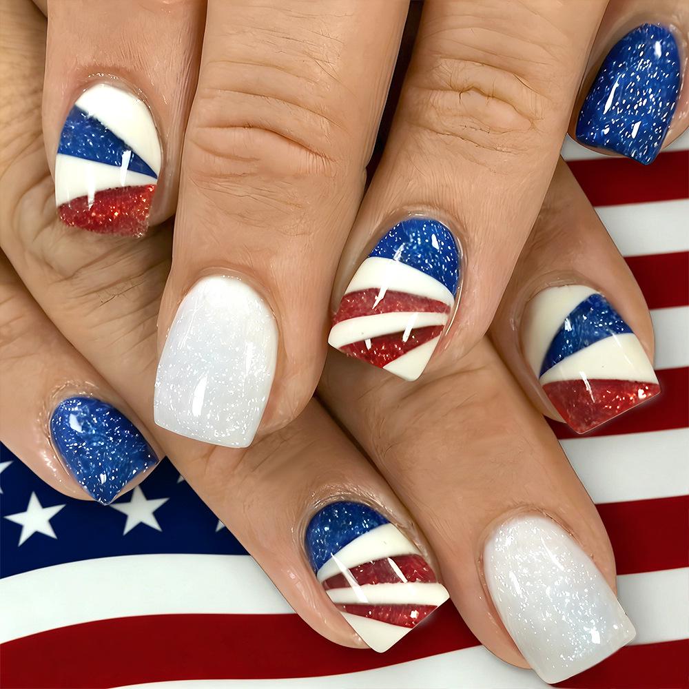Independence Day Wearable Square Nails: Red, Blue, White Color Block with Stripes Silver Glitter, European/American Style, 24-Piece Set