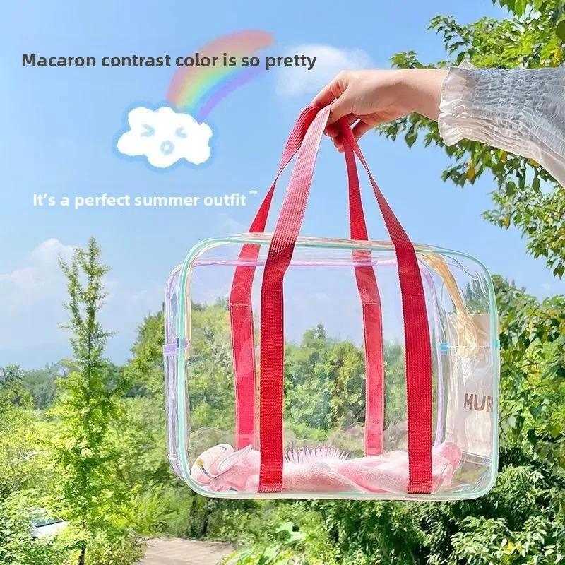 PVC Transparent Storage Bag Large Capacity Waterproof Cosmetic Bag Double-Handle Travel Beach Swimming Makeup Organizer Bag