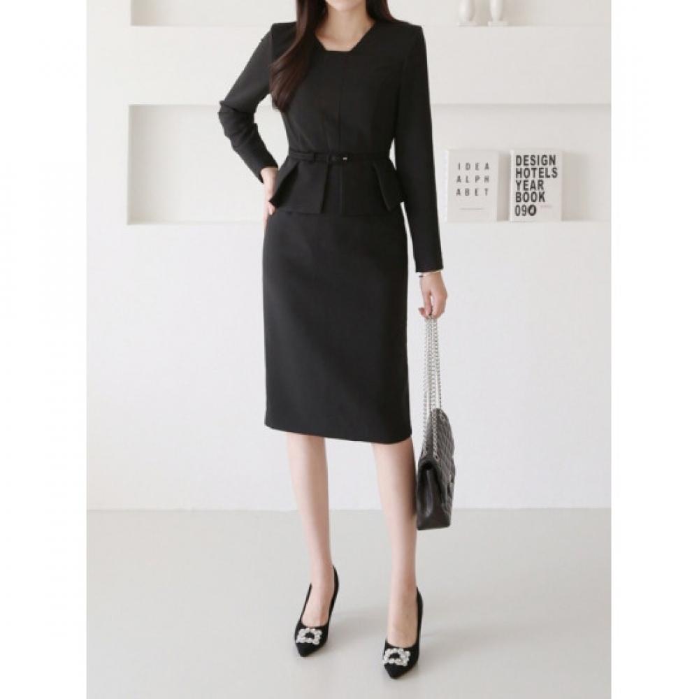 Style Latte Belted Pintuck Peplum H Line Midi Dress