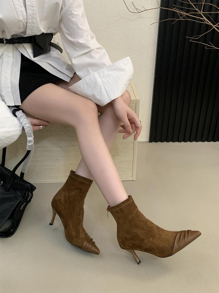 2025 New French Pointed Short Boots Women's Splicing Thin Boots Autumn and Winter Low Heel Internet Celebrity Thin Elastic Fashion Boots