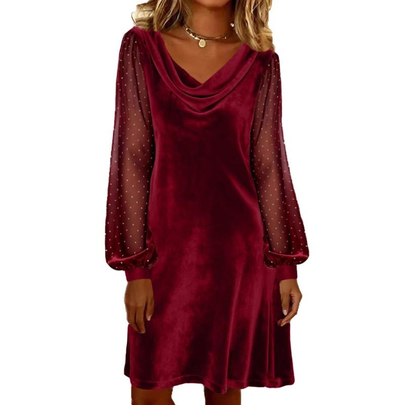 TIFICY Women s Fashion Spring Fall Long Sleeve V-Neck Loose Waistline Casual Dresses S бордовый