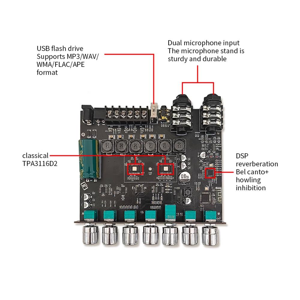 2.1 Channel Digital   Amplifier Board Module High and Low   Subwoofer Support 5.1   Connection     Input U disk USB Sound Card Playback 