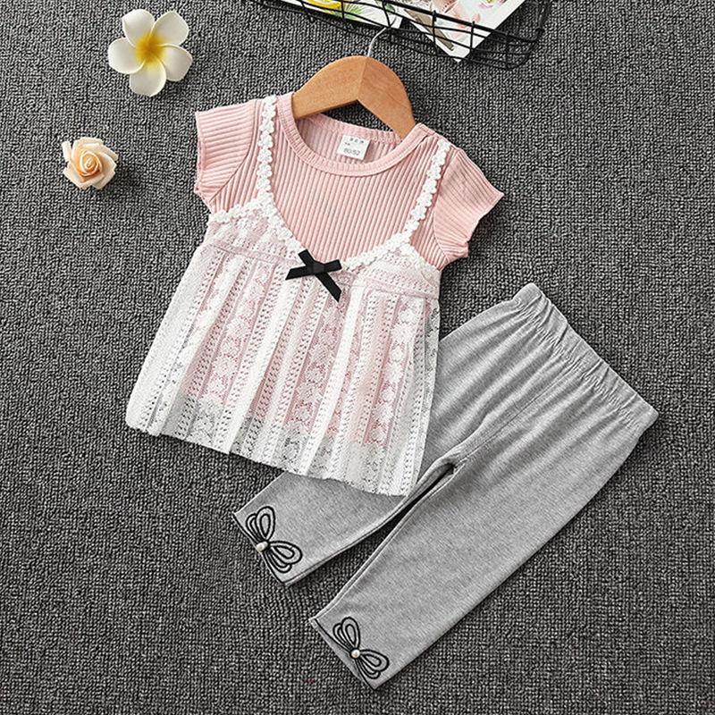 2PCS Children Clothing Set Spring Summer Girls Suits Yarn Short Sleeve Tops + Pants Clothing Set