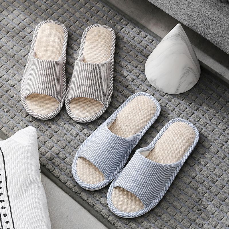 Slippers household women spring and autumn four seasons striped thick bottom non-slip men couple wooden floor linen cotton slippers summer