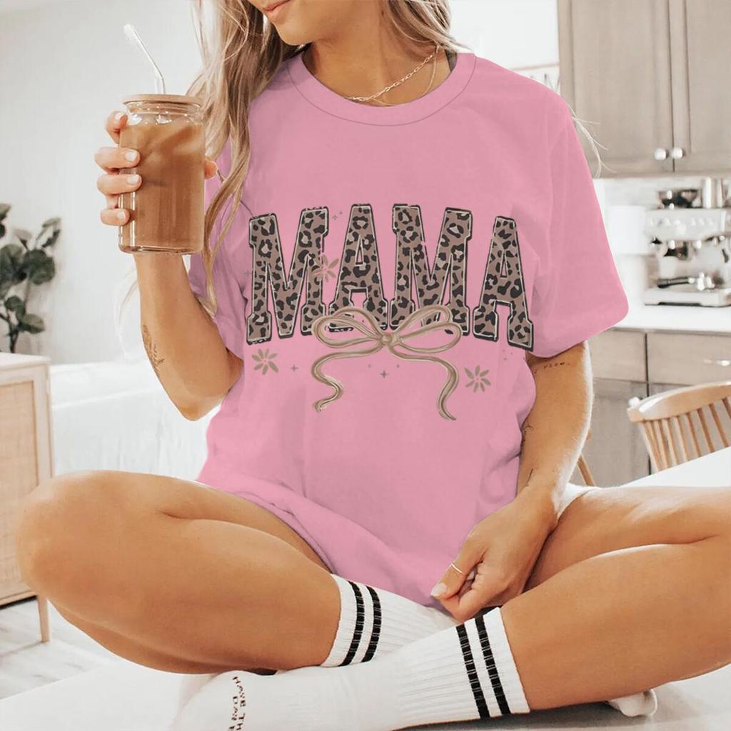 Coquette Bow Leopard Print Mama T Shirt Short Sleeve Womens Mom Life Shirt Casual Vintage Western Style Mama Tshirts