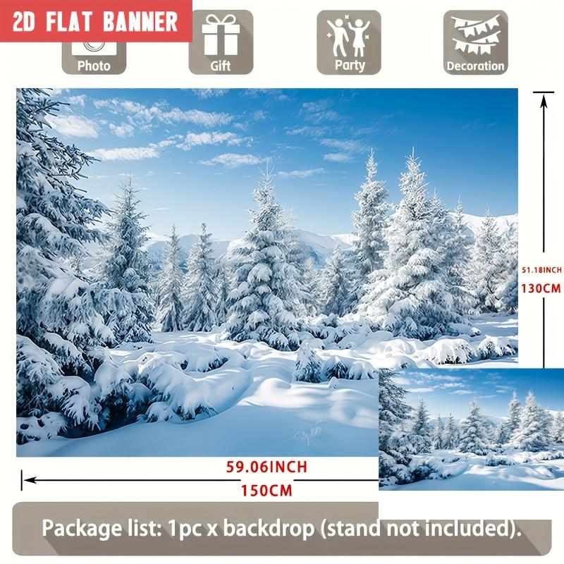 2D Flat Party Backdrop Banner - Snow Theme with Snow-Covered Pine Trees & Blue Sky, Polyester Photo Background for Wedding, Birthday & Family Party