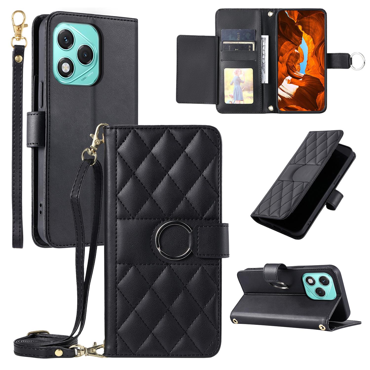 

Кожаный чехол для Honor 400 Lite 5G/X70i/X60i 5G, кошелек-подставка с кольцом-пряжкой, ромбовидный наплечный чехол для мобильного телефона Black