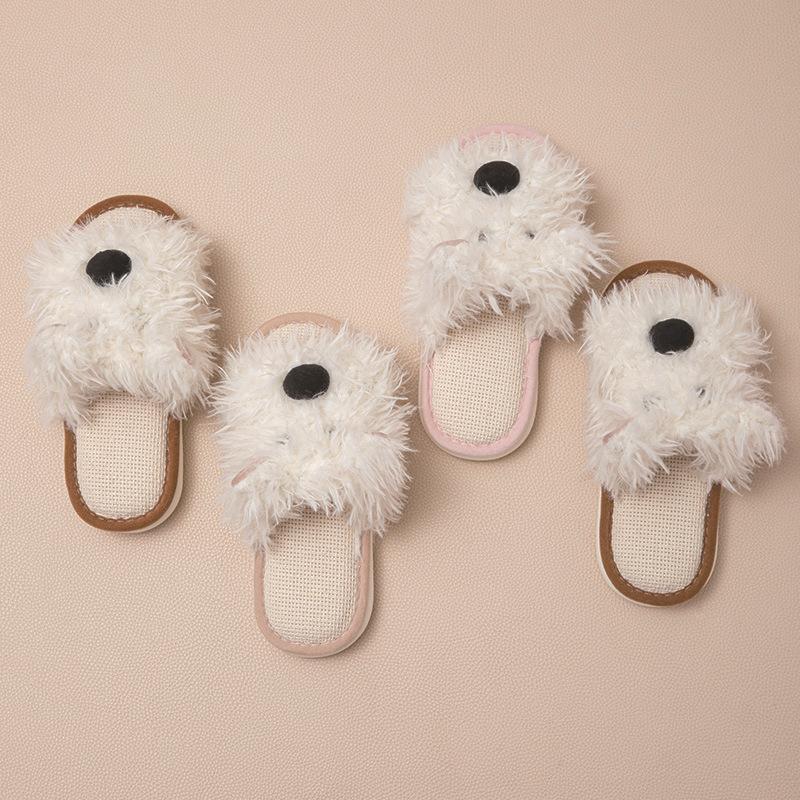 Open Puppy Cotton and Linen Slippers Cartoon Contrasting Colors Fluffy Breathable Cute Cotton Slippers