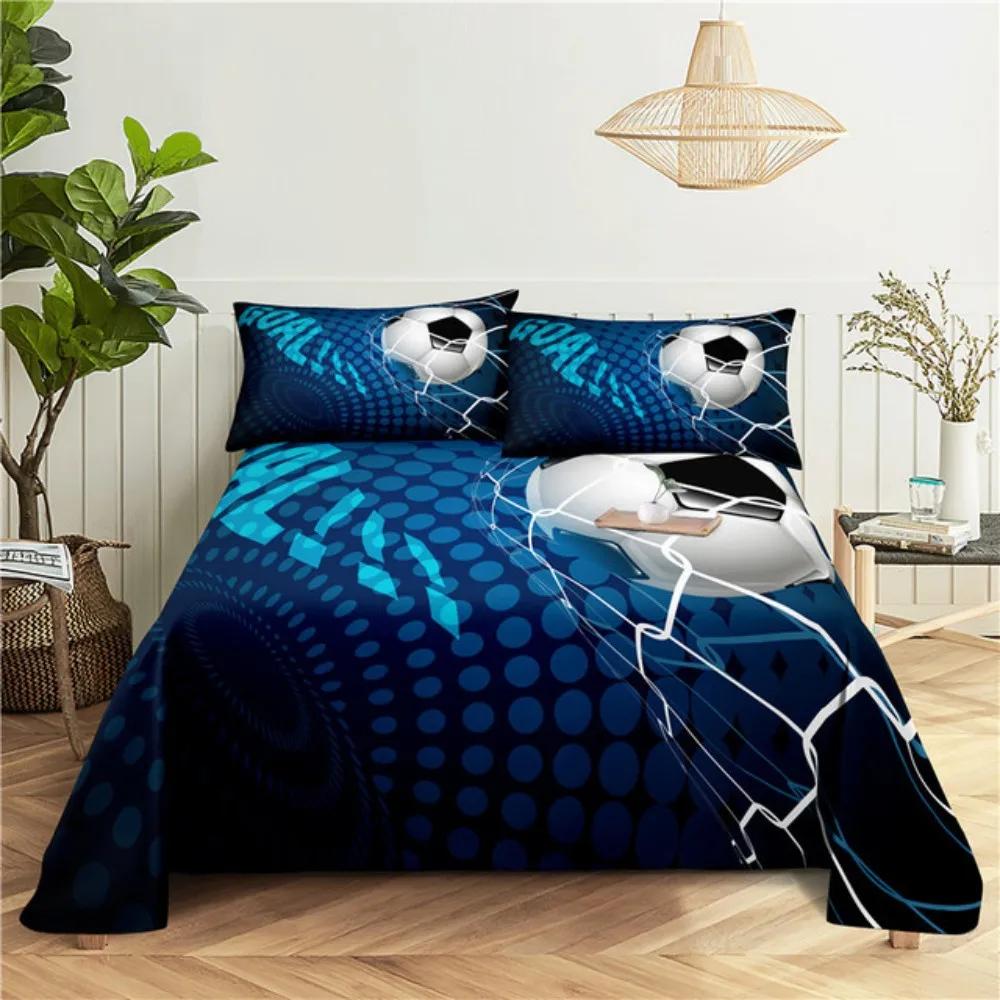 Set Cearșaf de Pat Fotbal Desene Animate Imprimeu Digital Poliester Cearșaf Plat și Față de Pernă 2/3 buc Lenjerie de Pat pentru Băieți Adolescenți Copil
