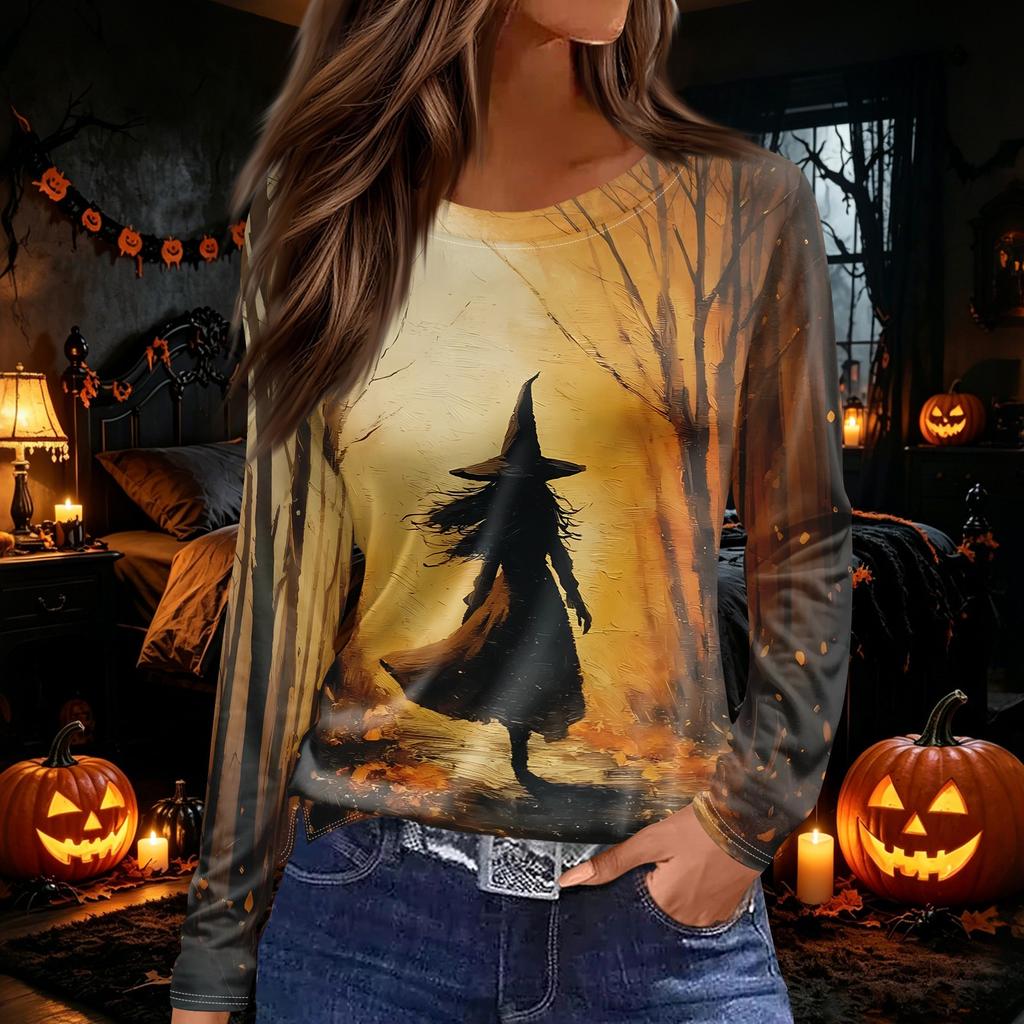 Women's Halloween Print Long Sleeve Top with Side Slit Hem, Round Neck