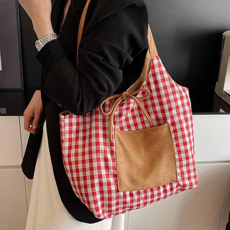 2025 Korean Autumn and Winter New Product Plaid Lazy Style Large Version Shoulder Bag Women's Reversible Trend Tote Bag