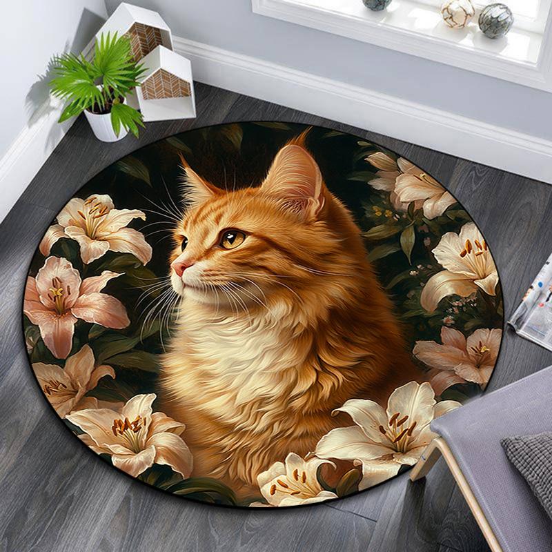 Orange Cat Round Area Rug,Carpet Rug for Living Room Bedroom Sofa Playroom Decor,Non-slip Floor Mat