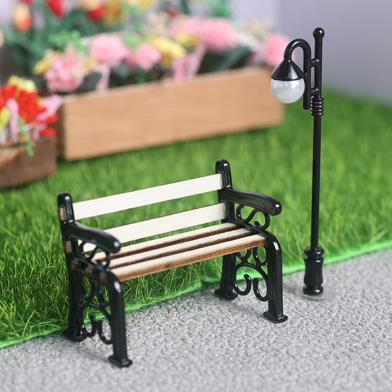 Exquisite Miniature Outdoor Figurines Set with Park Bench and Street Lamp for 1:12 Dollhouse for Dollhouse Enthusiasts чёрный