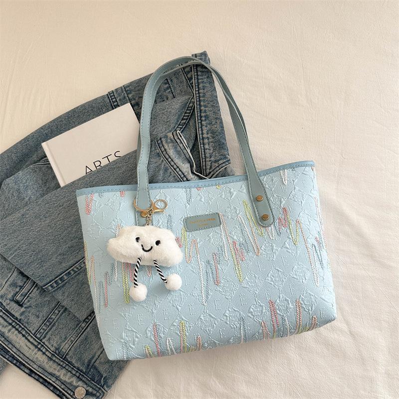 Casual commuting large-capacity bag women's new fashion college student class shoulder striped embroidered tote bag