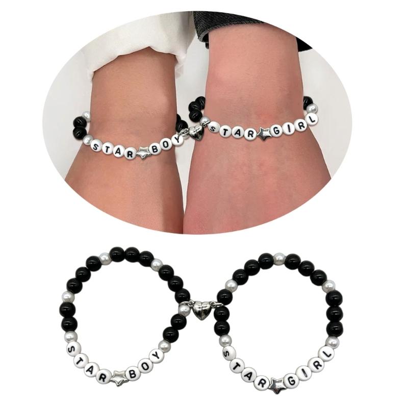 2Pcs Colorful Beaded Bracelets Stackable Star Shapes Pendant Handchain Valentine's Day Bangles Jewelry Trendy Accessory