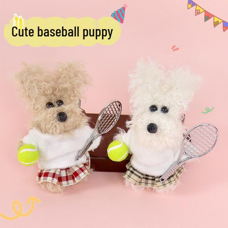 Plaid Skirt Dog Plush Charm with Baseball Bat Keychain Pendant