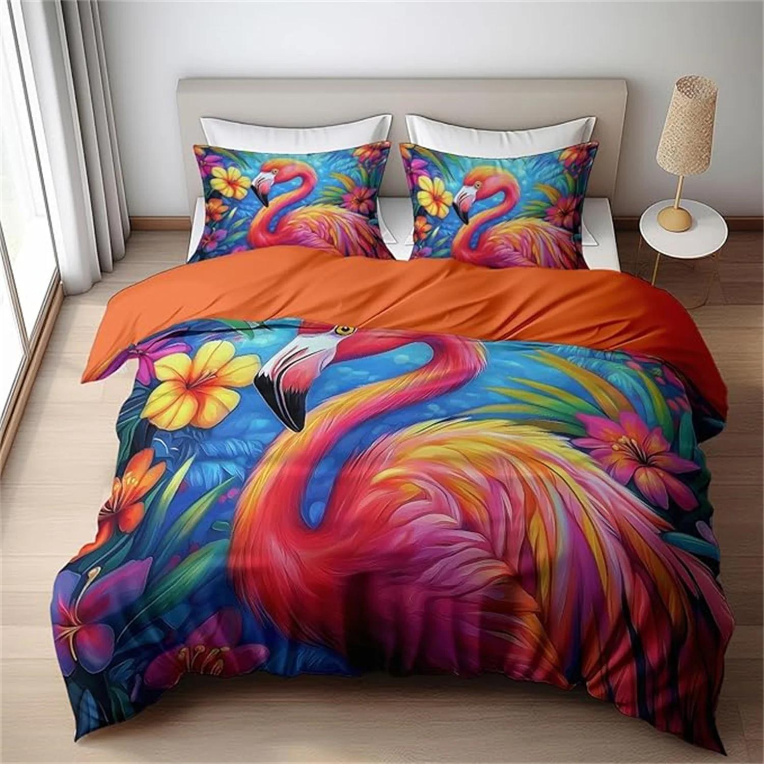 Flylo Unisex Tropical Animal Flamingo Duvet Cover Bedding Set Floral Comforter Cover For Girls Children Women Bedroom Decor Bedspread Cover