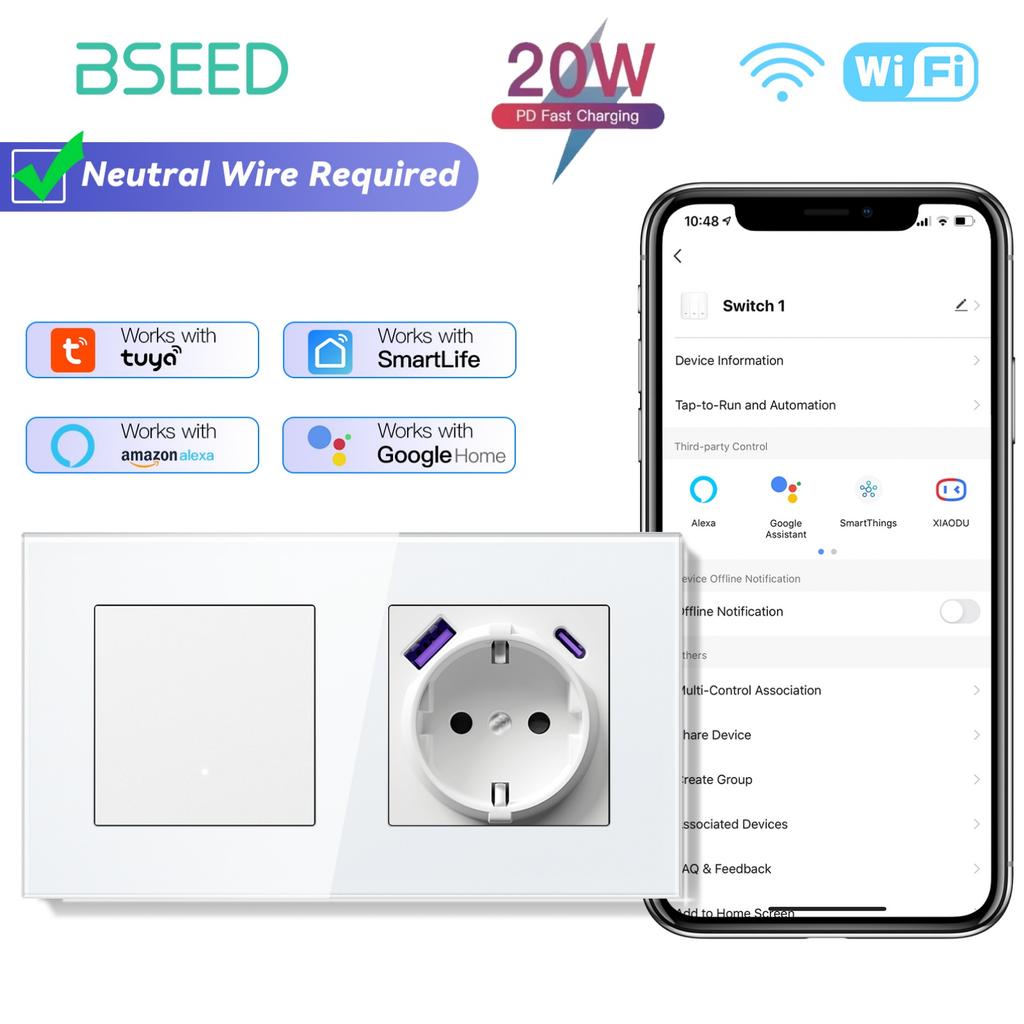 BSEED Wifi Wall Smart Switches 1/2/3/4Gang Mechanical Click Buttons Tuya Smart Life App With EU Power Sockets USB Glass Frames