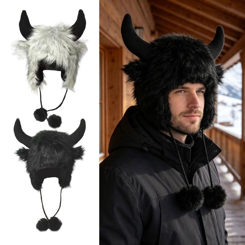 Cappello Invernale Peluche Corna di Toro, Morbido Cappello da Trapper con Copertura per le Orecchie e Laccetti per il Mentone per Uso Esterno, Foto e Viaggi