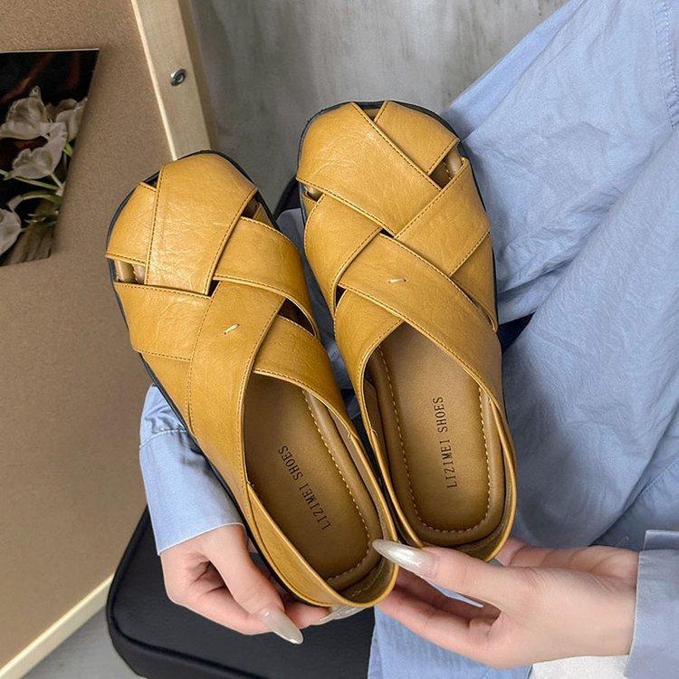 Leather Square Head Sandals Women's 2025 Summer New Hollow Retro Woven Fashion Versatile Two Wear Platform Roman Shoes