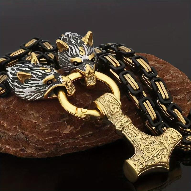 Viking Style Two Tone Wolf Head Mens Necklace With Mjolnir Pendant 60cm