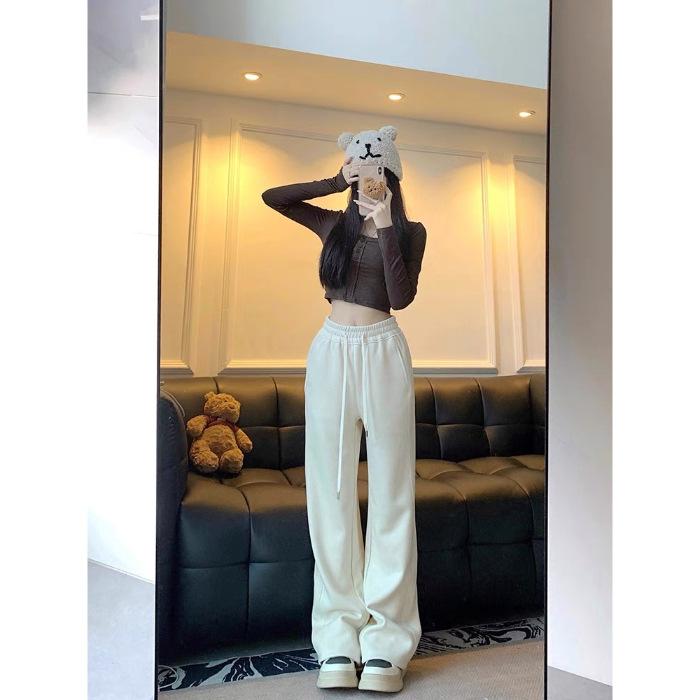 Creamy white floor-length casual pants for women, spring, autumn, and winter, wide-leg pants with draped drape, petite fleece-lined straight-leg