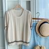New Arrivals Open Run Women Viscose Punching Color Block Round Neck Short Sleeve