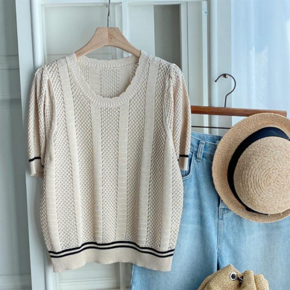New Arrivals Open Run Women Viscose Punching Color Block Round Neck Short Sleeve