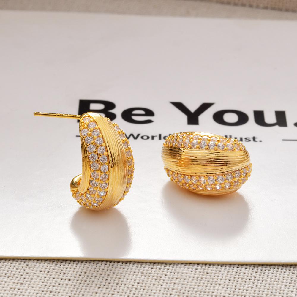 Korean Light Luxury Zircon Stud Earrings Textured Striped Teardrop Earrings Gold Plated Commute Jewelry for Women