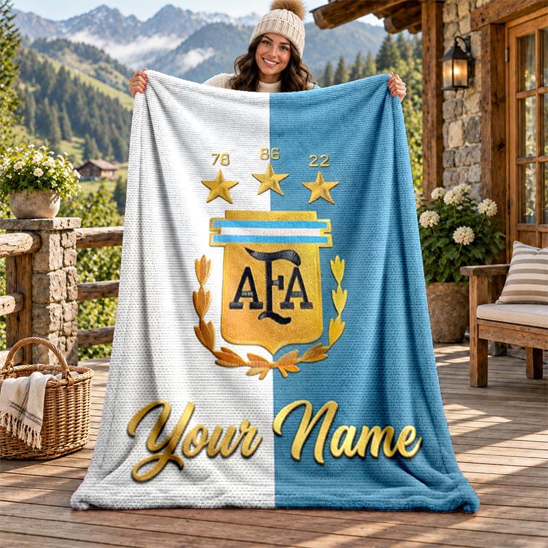 Argentina National Team Custom Name Flannel Blanket Personalized Soft Warm Plush Throw Blanket Customized Gift for Family Friends
