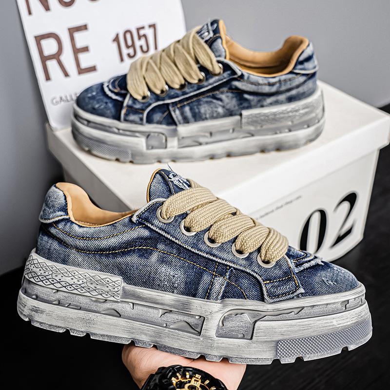 Brudne buty męskie starego stylu dżinsowe płócienne niemieckie buty treningowe codzienne na żywo sportowe buty taty niszowy design modne buty